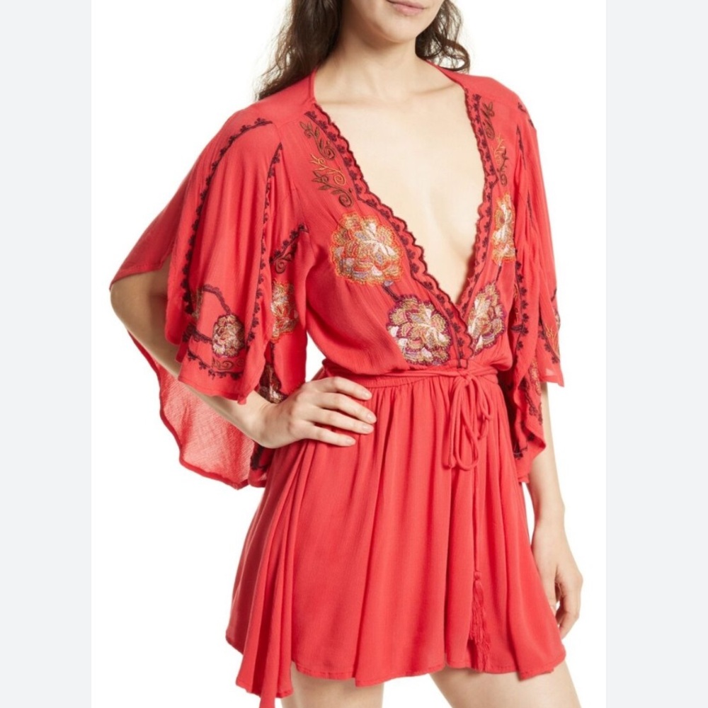 Free People OB600169 Red Cora Embroidered Tie Waist Boho Mini Dress XS